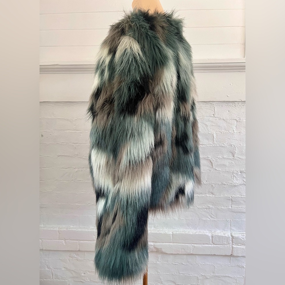 Willow And Clay Faux Fur Coat Teal Gray Multi Color Open Front Jacket Boho - Picture 5 of 12